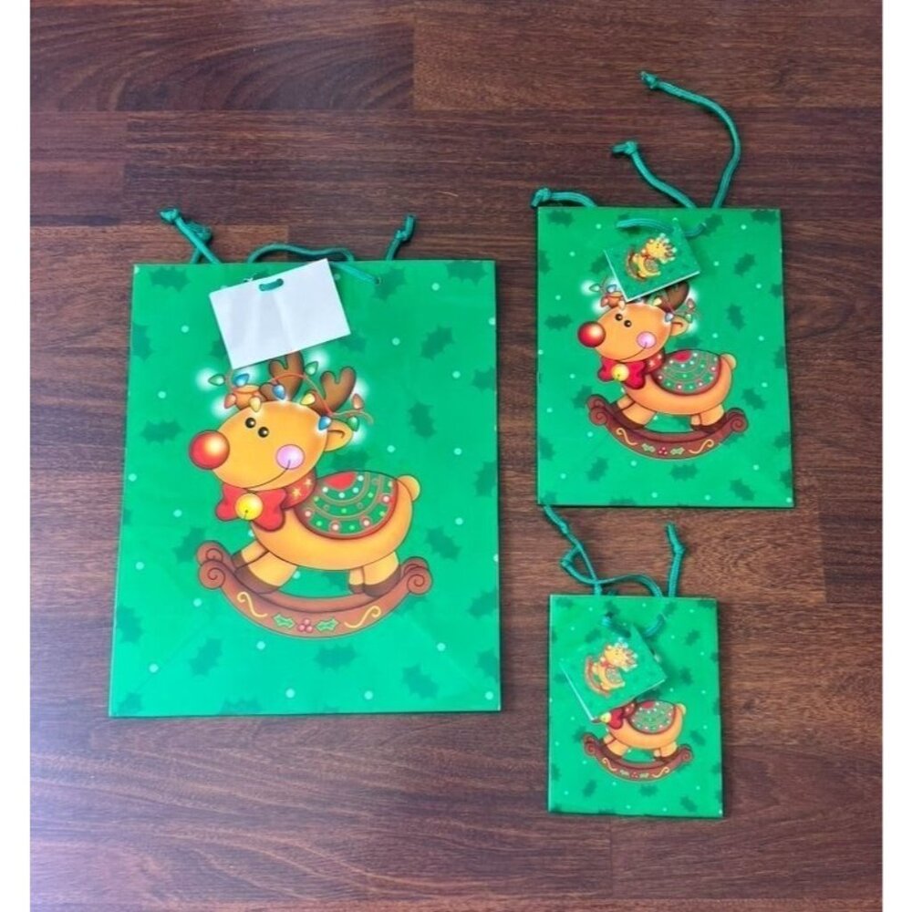Vintage 90s Christmas Gift Bags Set Reindeer Rocking Horse Green Holiday Wrappin